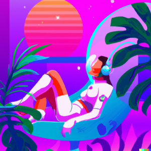 an astronaut lounging in a tropical resort in space